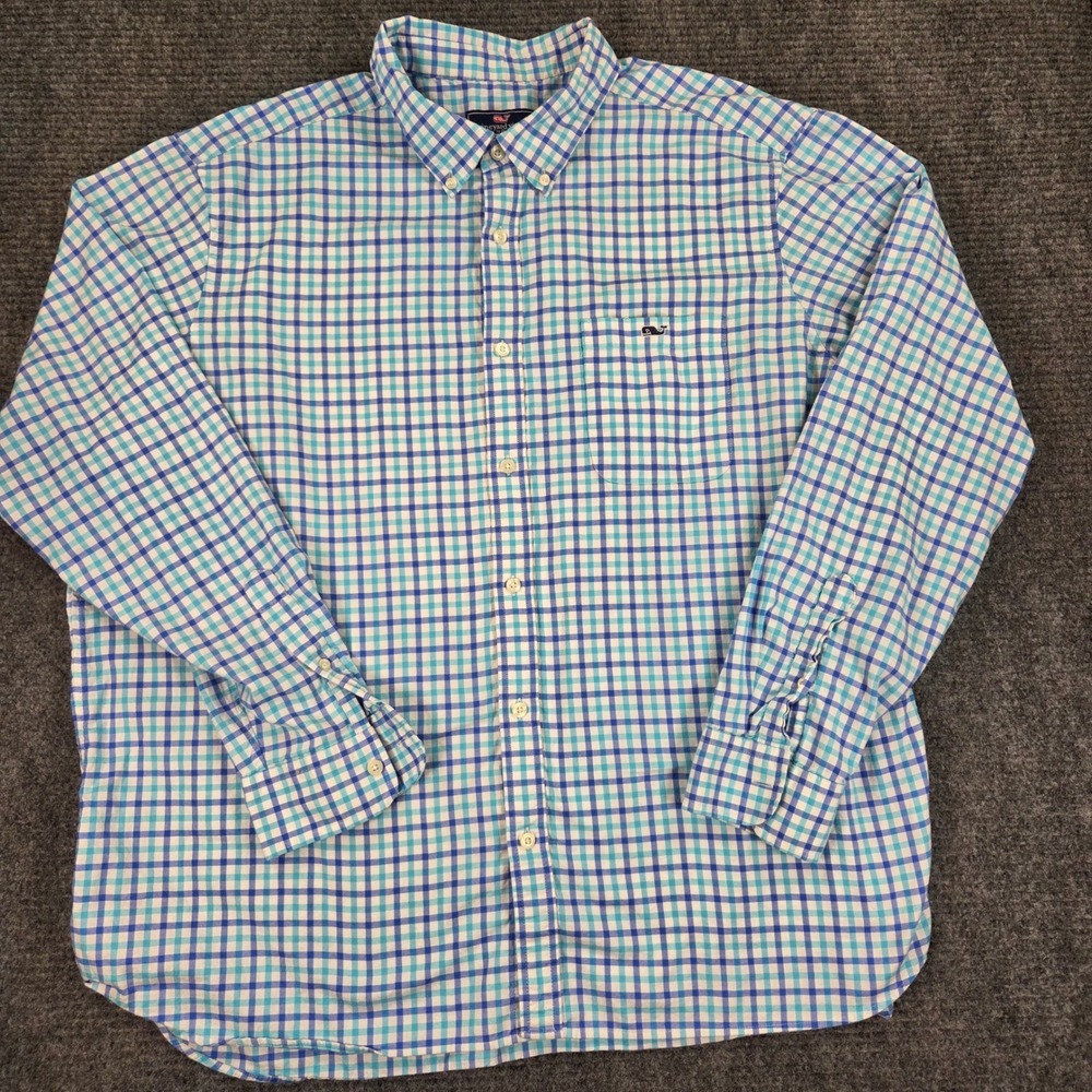Vineyard Vines Mens XXL Blue Teal Gingham Plaid Long Sleeve Button Down Shirt